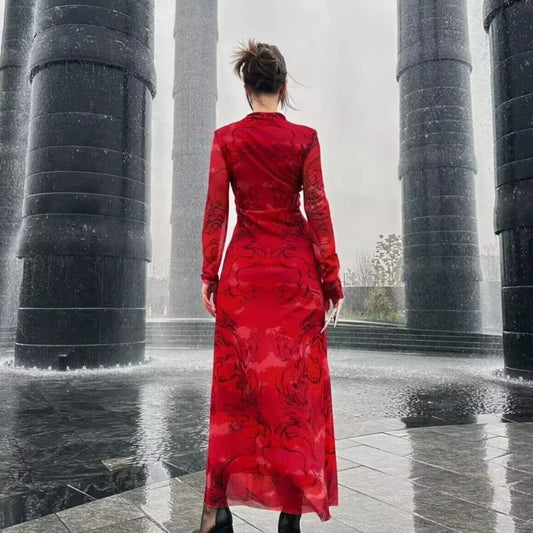 Versatile Limited Printed Screen Dress Women’s Fashion Style Year Loong Christmas Party Dresses-L