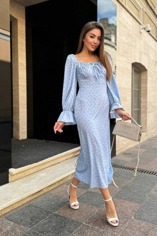 Robe longue moulante à manches longues et imprimé floral