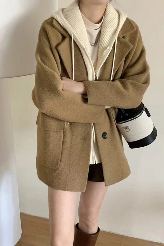Layered-Look Wool Blend Loose Slim-Fit Knit Cardigan Coat