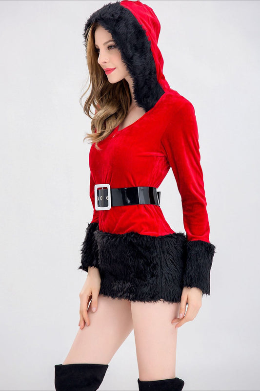 Hooded V-Neck Fuzzy Sexy Party Dress