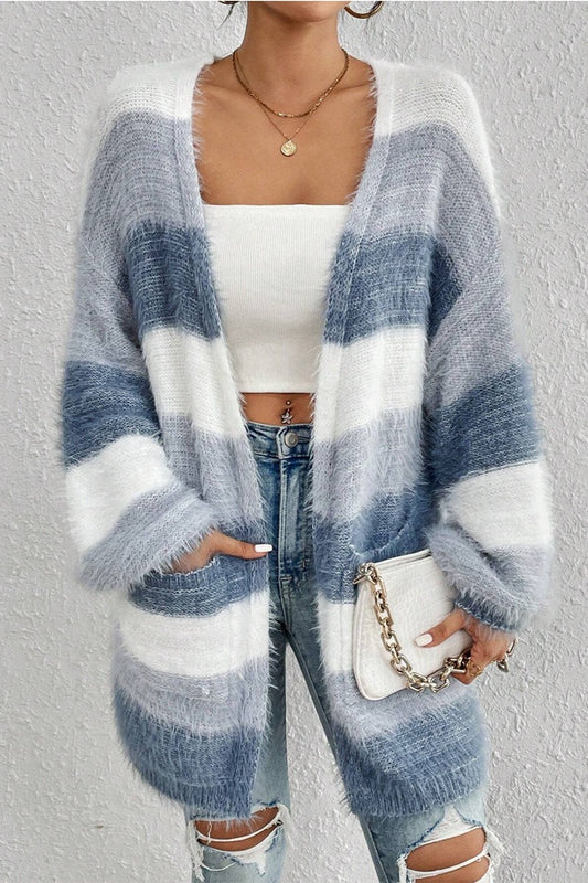 Fuzzy Stripe Longline Open Front Cardigan