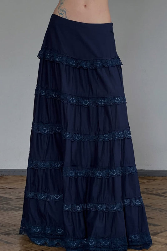 Jupe midi à volants et bordure en dentelle vintage