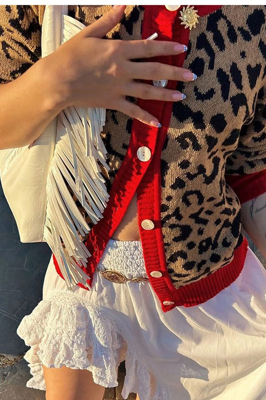 Cardigan décontracté ample à col rond et imprimé léopard