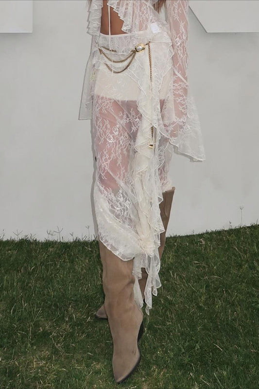 Jupe asymétrique en dentelle à volants