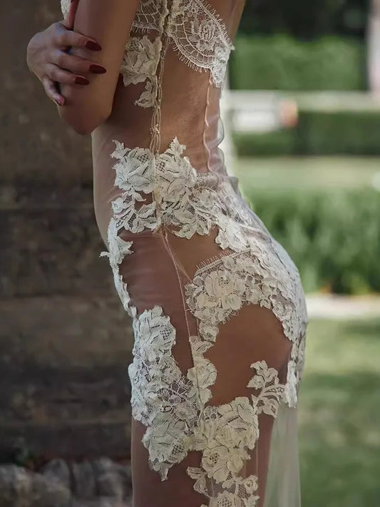 Robe de soirée en maille brodée à queue de poisson