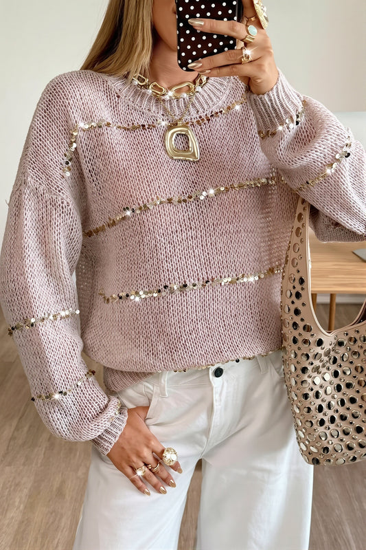 Beaded Stripe Crew Neck Sweater
