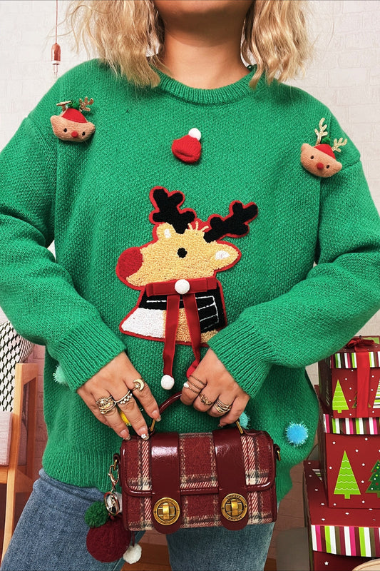 Cartoon Deer Knit Crew Patchwork Sweater