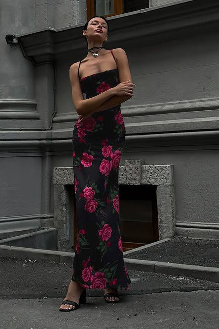 Robe longue sexy à imprimé floral et dos nu avec lien à nouer