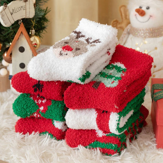 Thick Coral Fleece Cute Reindeer Snowman Socks