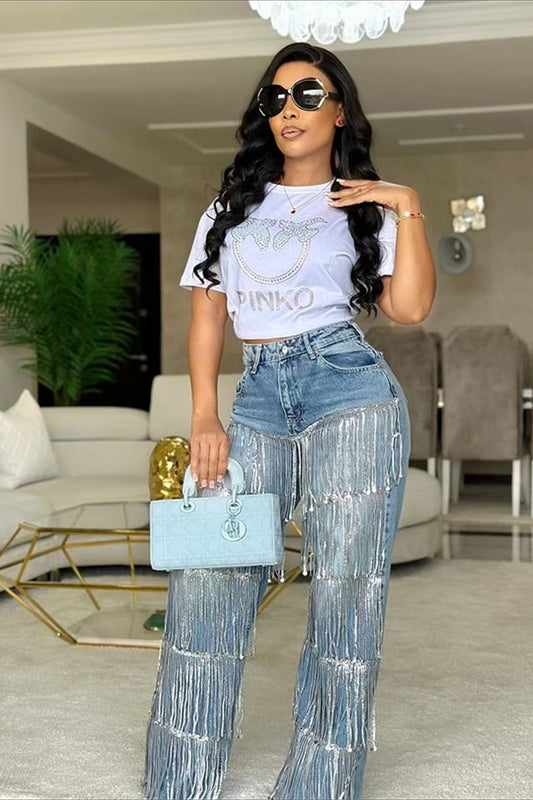 Jean droit à franges et sequins