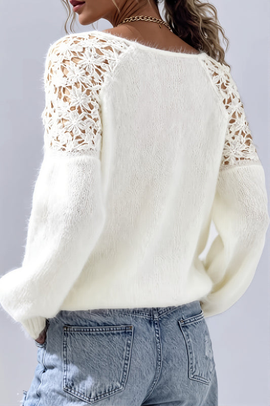 Lace Shoulder Fuzzy Relaxed Sweater