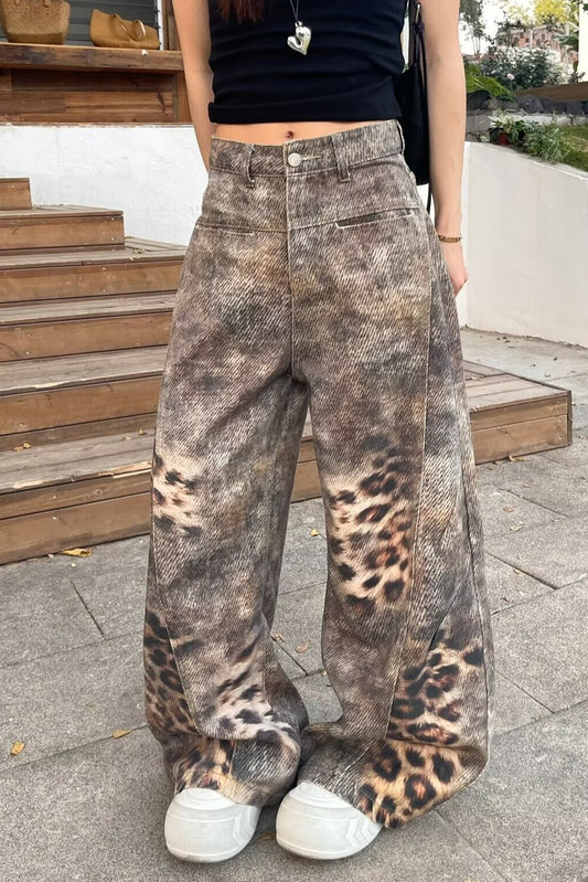 Leopard Print Washed Wide Leg Jeans