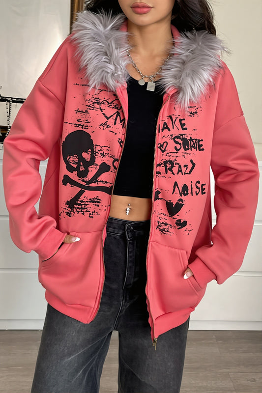 Street Graphic Faux Fur Trim Zip Hoodie