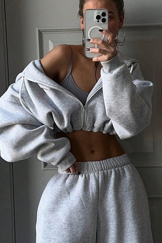 Cropped Zip Hoodie Wide Leg Jogger Set