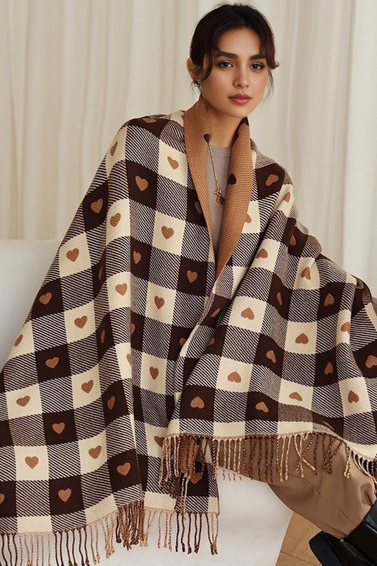 Faux Cashmere Double-Sided Heart Plaid Fringed Scarf
