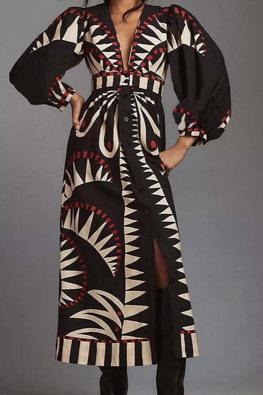 Robe bohème à manches longues et motif floral rétro