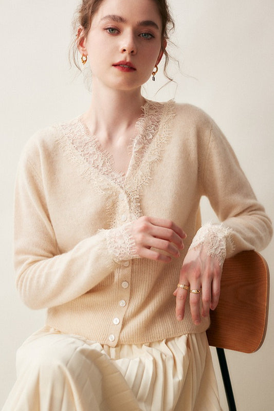 Cashmere Lace-Trimmed V-Neck Knit Cardigan