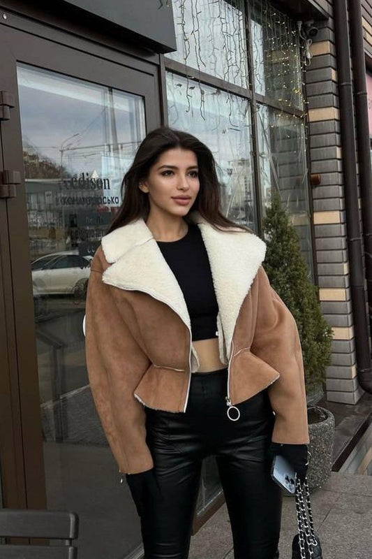 Chic Odd Zip Leather Fur Pieced Coat