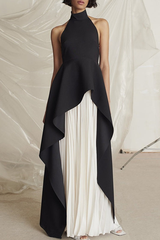 Halter Black White Contrast Pleated Prom Dress