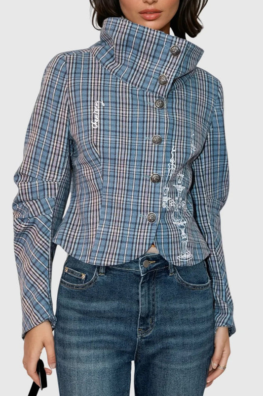 Chemisier boutonné à carreaux et col montant vintage