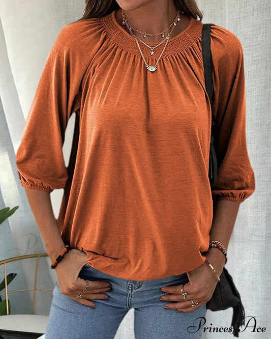Crew Neck 3/4 Sleeve T-Shirt Orange 2022 f/w 23BF blouses & shirts clothes Short Sleeve Tops Spring summer t-shirts Tops/Blouses