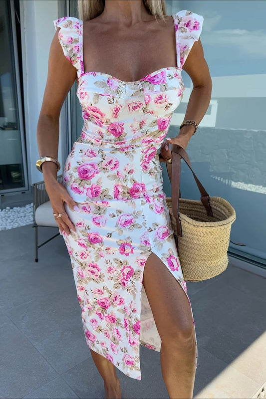 Robe mi-longue fleurie fendue à bretelles spaghetti