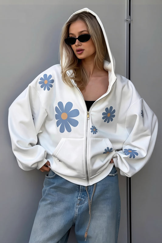 Daisy Print Oversized Zip Hoodie