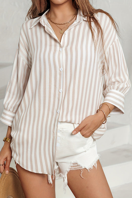 Chemisier boutonné à manches longues et poches rayées