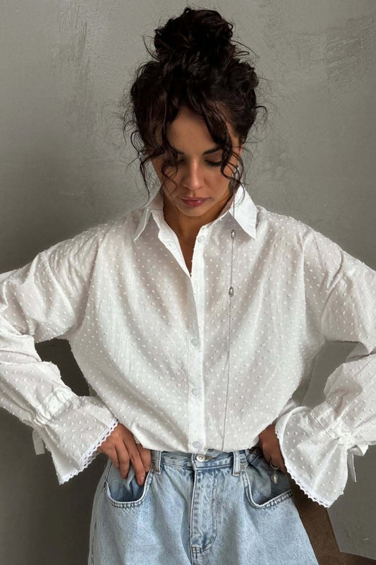 Chemisier en coton à simple boutonnage et manches cloche