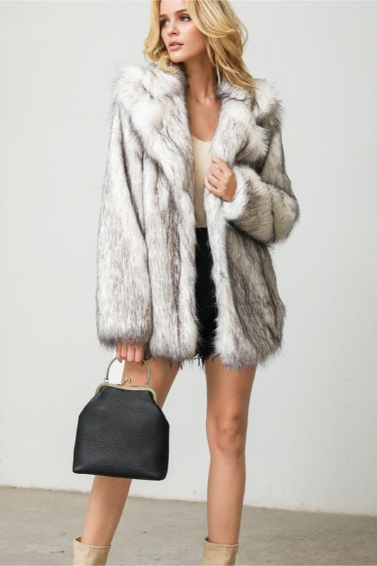 Faux Fur Blazer Style Mid Length Coat Grey / S