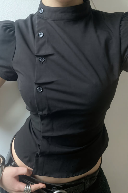 Stand Collar Ruched Button Blouse