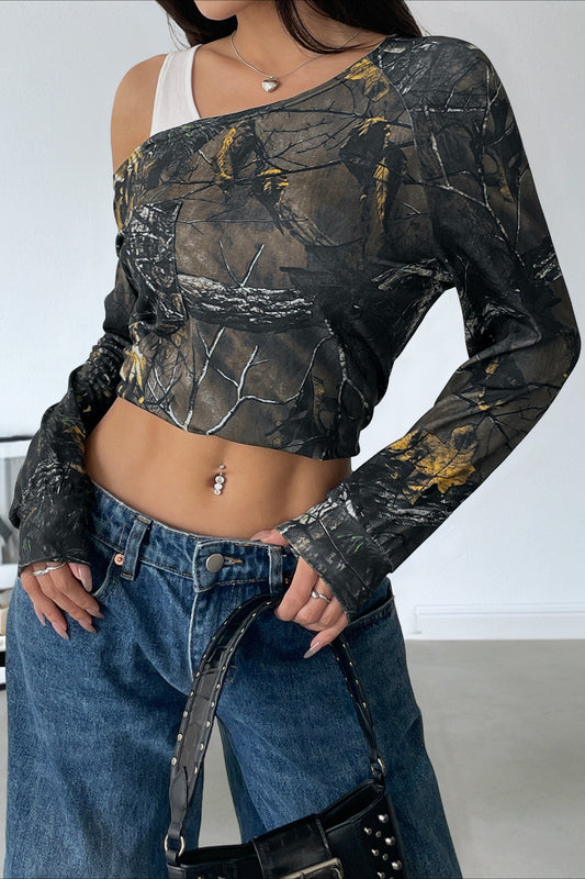 Patchwork Layered Asymmetrical Shoulder Long Sleeve Tee