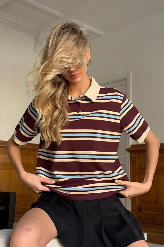 Vintage Color Block Stripe Polo Short Sleeve T-shirt