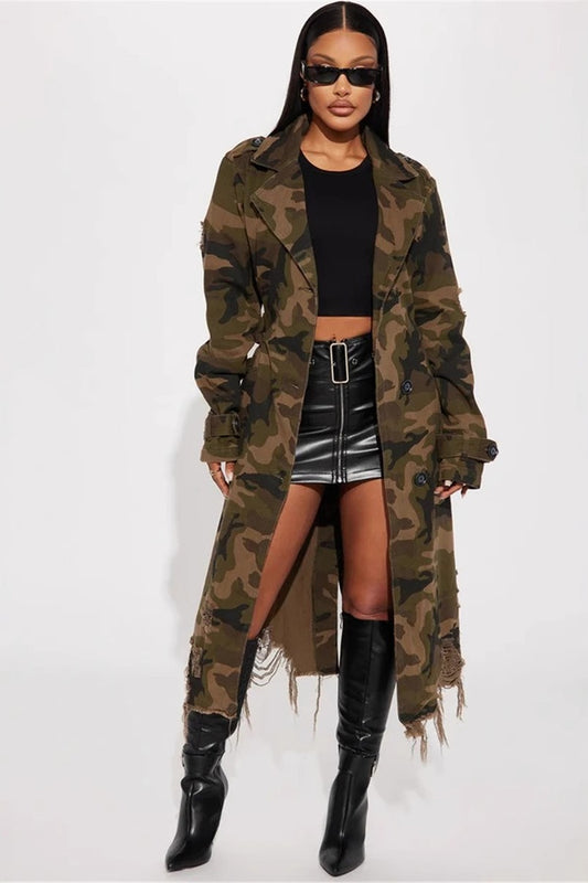 Distressed Camo Long Overcoat