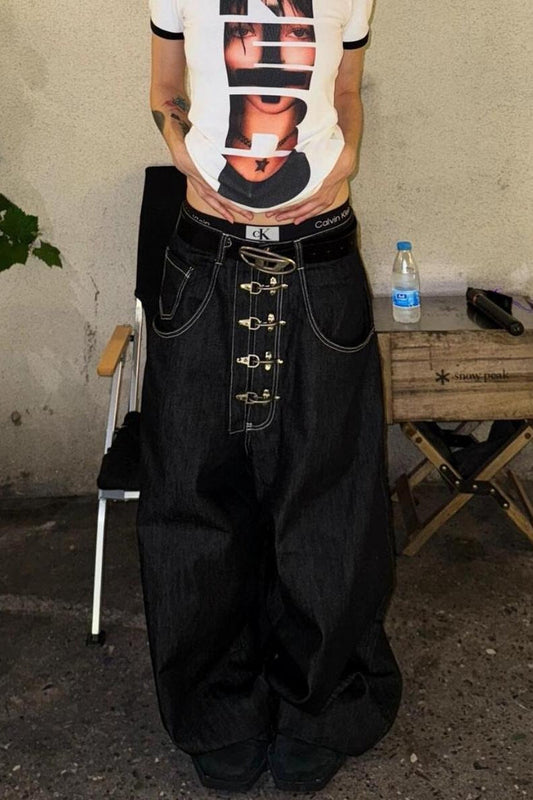 Jean large délavé à braguette boutonnée