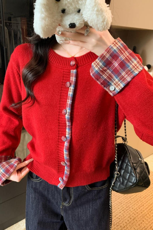 Red Plaid Contrast Round Neck Cardigan