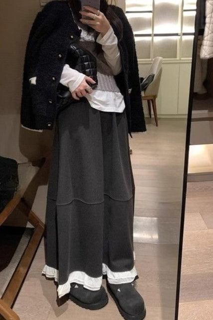 Wool Blend Ruffle High-Waisted Relaxed Skirt