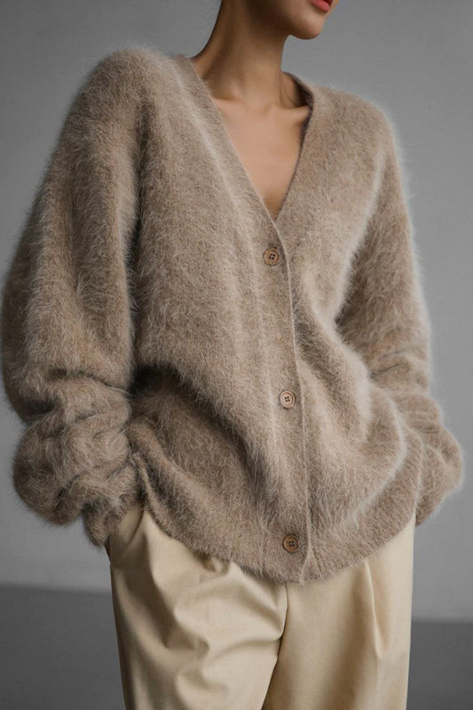 Plush V Neck Relaxed Button Knit Cardigan