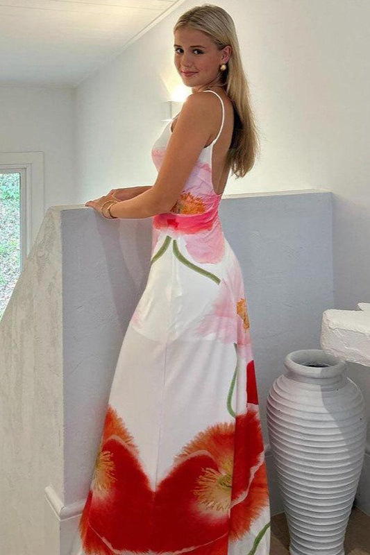 Robe longue dos nu à imprimé floral de plage