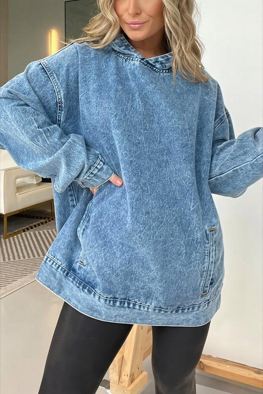 Washed Denim Longline Pullover Hoodie