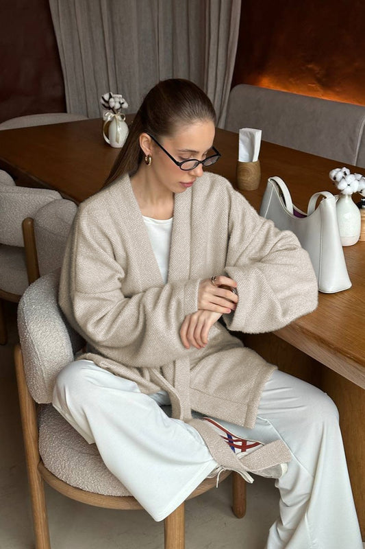 Manteau mi-long vintage en laine mélangée avec ceinture nouée