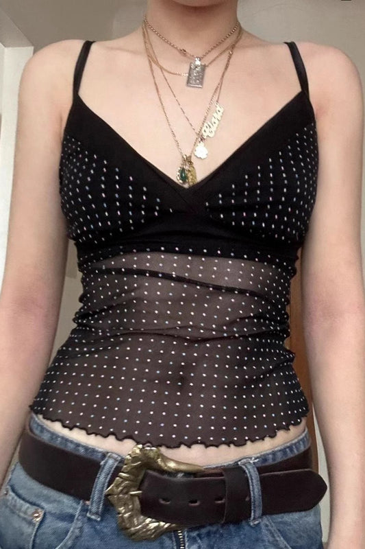 Haut court transparent à pois et col en V