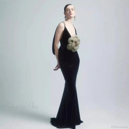 3D Floral Backless Satin Prom Dress 黑色 / XS promdress-250223