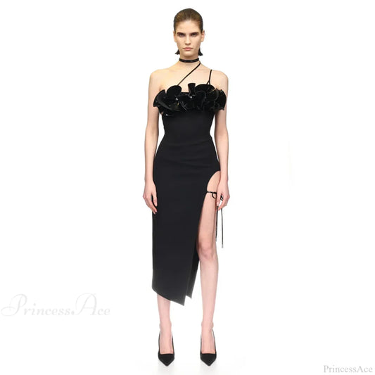 3D Flower Halter Bodycon Party Dress Black / Xs Partydress-241208