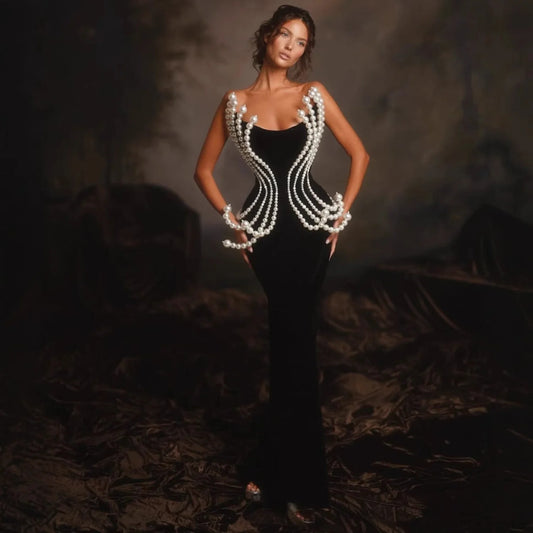 3D Pearl Strapless Bandage Prom Dress black / XS promdress-250223