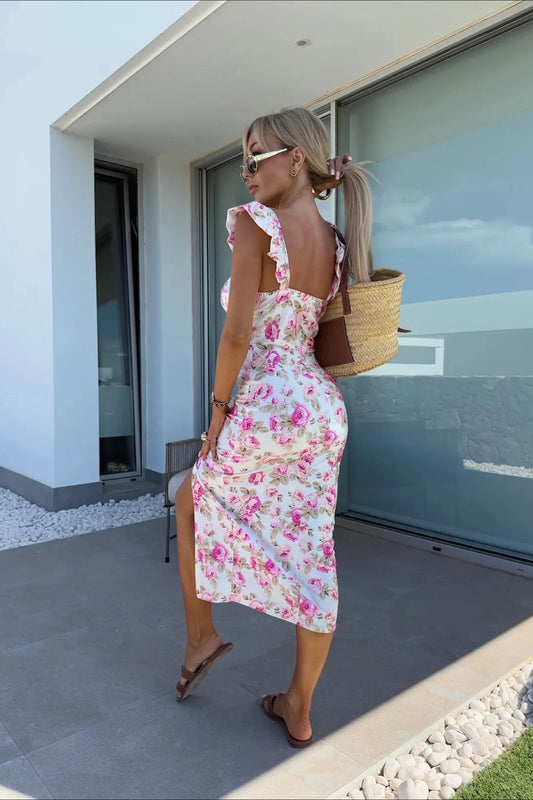 Robe mi-longue fleurie fendue à bretelles spaghetti