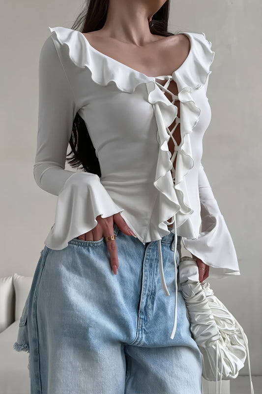 Ruffle Lace Up Flare Sleeve Blouse
