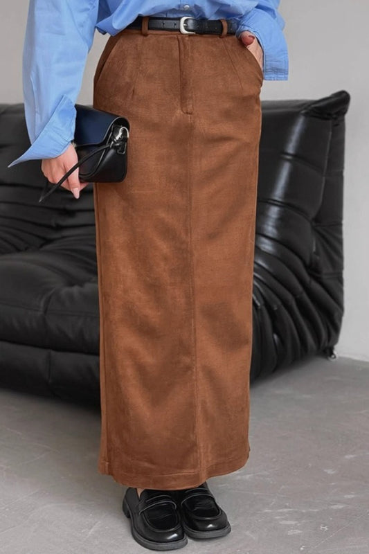 Suede Vintage Brown Straight Slit Long Skirt