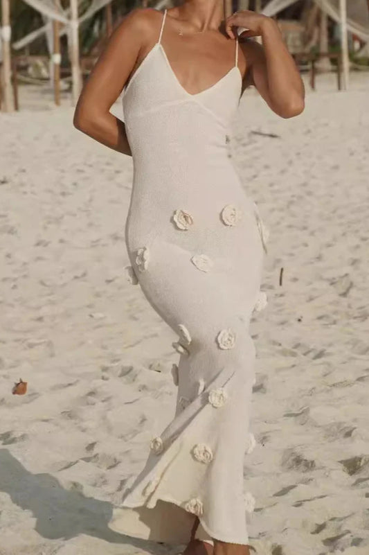 Robe longue ajustée en tricot floral, dos nu, à lacets