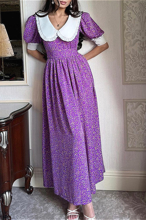 Purple Tie Waist Short Sleeve Babydoll Floral Dress